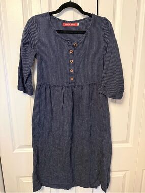 Pyne & Smith Navy Pinstripe Linen Button-Front Midi Dress